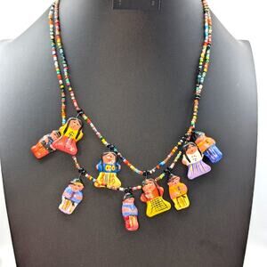 Two Vintage Boho Handpainted Little People Dangles Colorful Seed Bead Necklaces